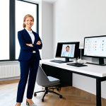 A professional female nutritionist, fully clothed in a modest, modern business casual outfit, stands confidently in a bright, contemporary hybrid space. One side of the image subtly depicts elements of a traditional, organized consultation room with a sleek desk and chair, while the other side transitions into a vibrant, digital workspace featuring a large monitor displaying a video call with diverse international faces, symbolizing global reach. Her posture is natural, welcoming, with perfect anatomy and correct proportions. The scene is well-lit, emphasizing professionalism and innovation. safe for work, appropriate content, family-friendly, professional dress, well-formed hands, proper finger count, natural body proportions, high-quality digital illustration.