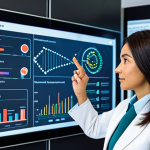 A professional nutritionist in a modest business suit, fully clothed, standing confidently in a modern, high-tech nutrition consultation office. She is interacting with a transparent digital screen displaying intricate DNA helix structures, personalized dietary charts, and complex data visualizations. The setting emphasizes innovation and precision in health. The environment is bright and clean. Perfect anatomy, correct proportions, natural pose, well-formed hands, proper finger count, natural body proportions, professional photography, high quality, safe for work, appropriate content, family-friendly.