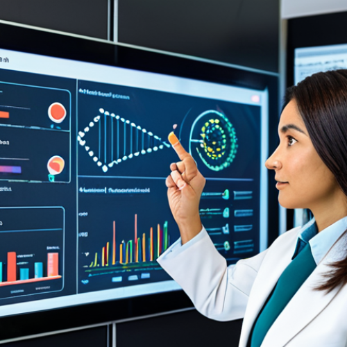 A professional nutritionist in a modest business suit, fully clothed, standing confidently in a modern, high-tech nutrition consultation office. She is interacting with a transparent digital screen displaying intricate DNA helix structures, personalized dietary charts, and complex data visualizations. The setting emphasizes innovation and precision in health. The environment is bright and clean. Perfect anatomy, correct proportions, natural pose, well-formed hands, proper finger count, natural body proportions, professional photography, high quality, safe for work, appropriate content, family-friendly.