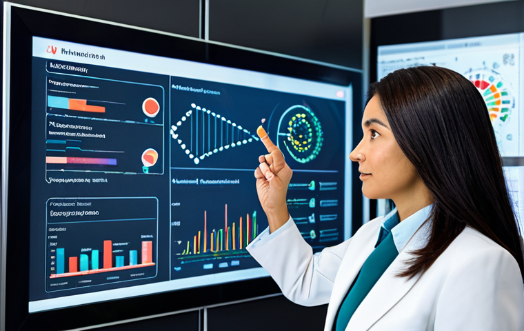 A professional nutritionist in a modest business suit, fully clothed, standing confidently in a modern, high-tech nutrition consultation office. She is interacting with a transparent digital screen displaying intricate DNA helix structures, personalized dietary charts, and complex data visualizations. The setting emphasizes innovation and precision in health. The environment is bright and clean. Perfect anatomy, correct proportions, natural pose, well-formed hands, proper finger count, natural body proportions, professional photography, high quality, safe for work, appropriate content, family-friendly.