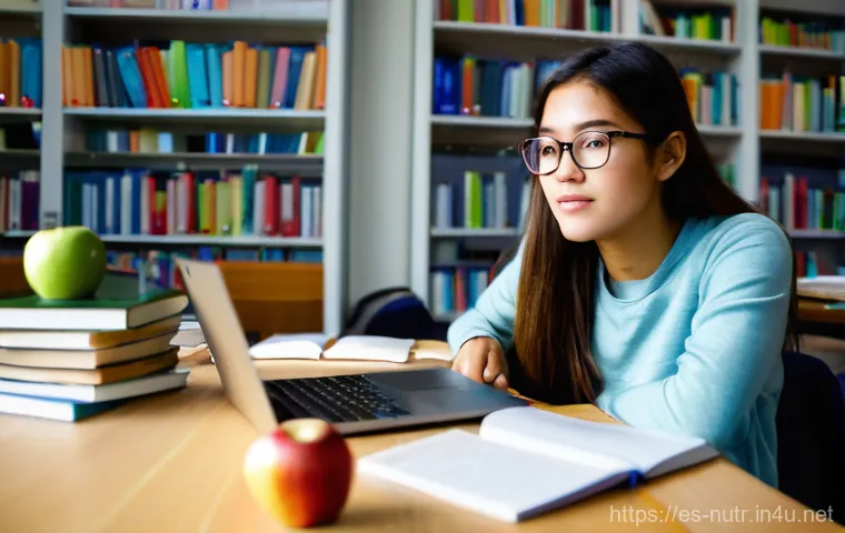 영양사 취업 성공 스토리 - **University Breakthrough Moment**
A vibrant, medium shot of a focused female university student...