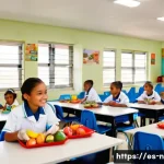 영양사와 급식 관리 - A vibrant school cafeteria scene in a Spanish community, showing diverse children happily eating bal...