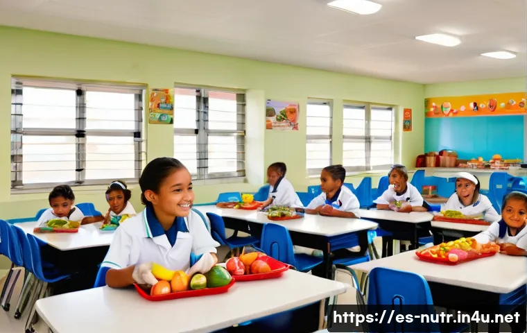 영양사와 급식 관리 - A vibrant school cafeteria scene in a Spanish community, showing diverse children happily eating bal...