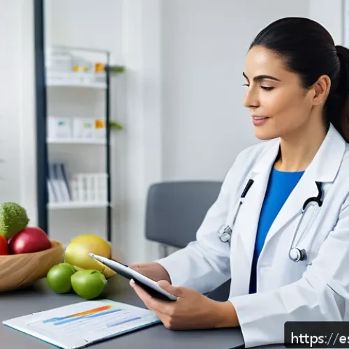영양사 취업 시 필요한 스킬 - A professional female nutritionist in a modern clinic setting, attentively listening to a middle-age...