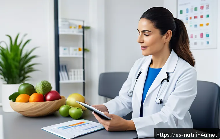 영양사 취업 시 필요한 스킬 - A professional female nutritionist in a modern clinic setting, attentively listening to a middle-age...