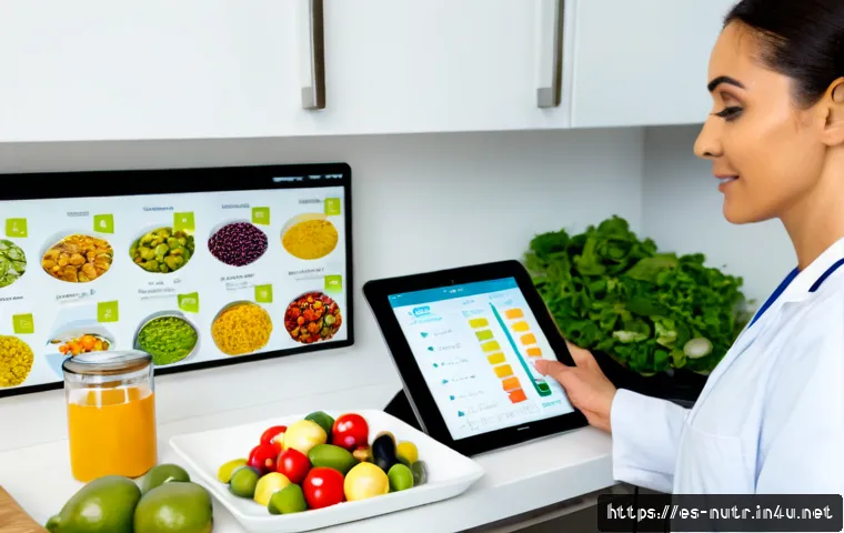 영양사 업무 도구 활용법 - Photorealistic Spanish nutritionist in a bright modern clinic kitchen, reviewing colorful fresh Medi...