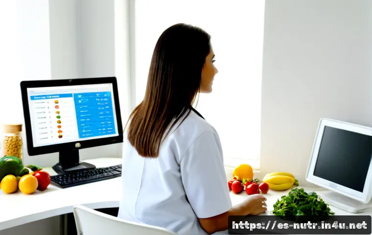 영양사 업무에서 필요한 컴퓨터 기술 - Photorealistic registered dietitian in a bright modern clinic in Spain, seated at a clean desk using...